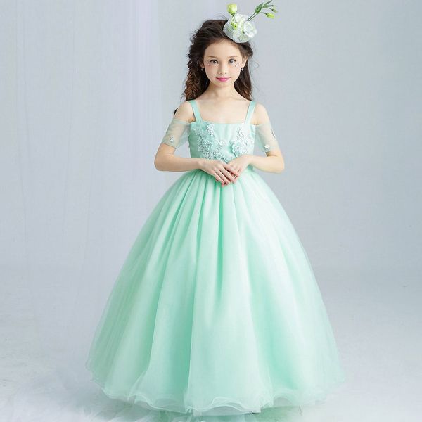 Menta Verde Elegante Tule Lace Flor Girl Vestido de Noiva Do Casamento Comprimento Appliques Bead Kids Party Partido Vestido Primeiro Comunhão Vestidos