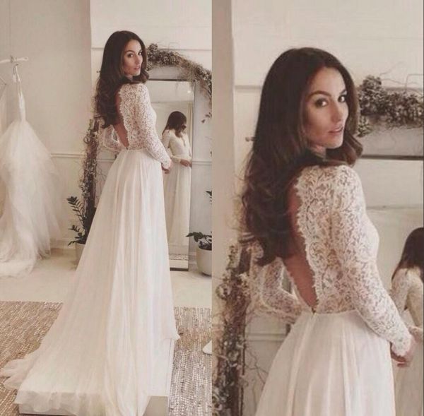 

new arrival beach lace chiffon wedding dresses long sleeves rustic backless wedding dress bridal gowns vestidos de noivas, White