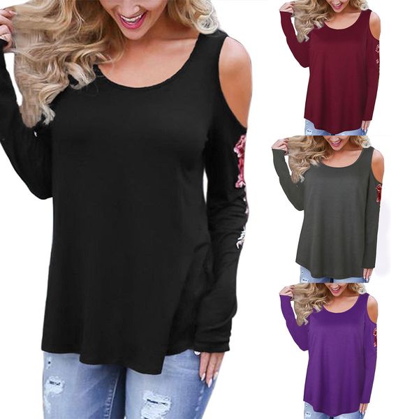 

новые прибыли осень плюс размер s-5xl женская мода с длинным рукавом футболка блузка мода с плеча вышивка футболка блузка, White