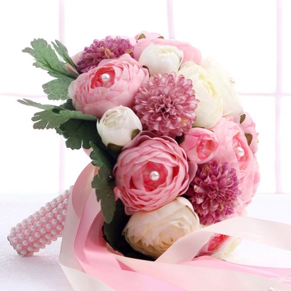Acheter 26cm Mariée Tenant Le Bouquet De Fleurs De Soie Artificielle Pivoine En Cascade Fleurs De Rose Fleur Rose Avec Feuille Verte Nouveau De 2011