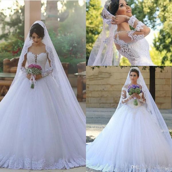 

2017 Said Mhamad Arabic Ball Gown Puffy Wedding Dresses Sheer Long Sleeves Lace Floor Length Wedding Gowns Vestidos De Noiva