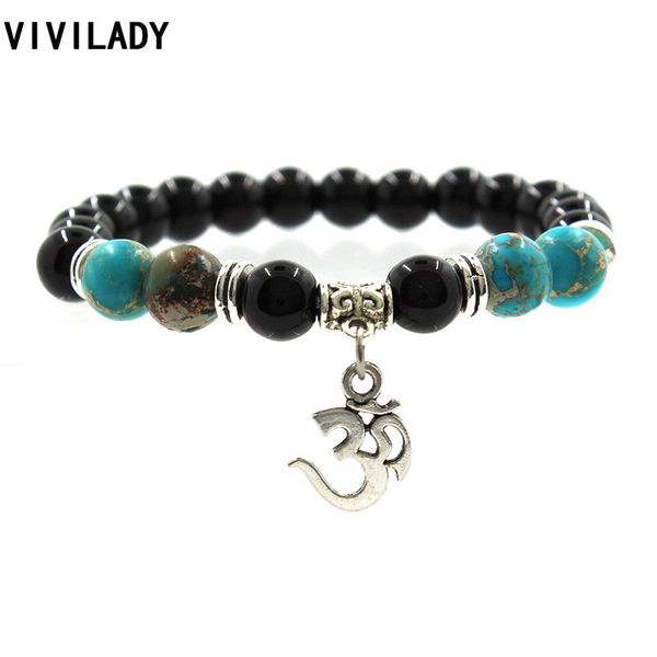 Wholesale- VIVILADY Bohemian OM Yoga Charms Tiger Eye Stone Resin Turquoise  Elastic Cuff Bracelets&Bangle Pulseras Hombre Women Gifts