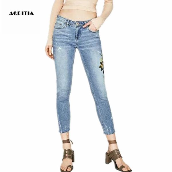

wholesale- 2017 woman denim floral embroidery jeans full length pants blue jeans