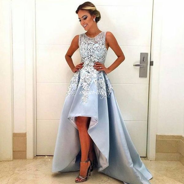 

high low prom dresses light sky blue 2020 custom made lace sleeveless a-line satin special occasion dress evening party gowns arabic, Black