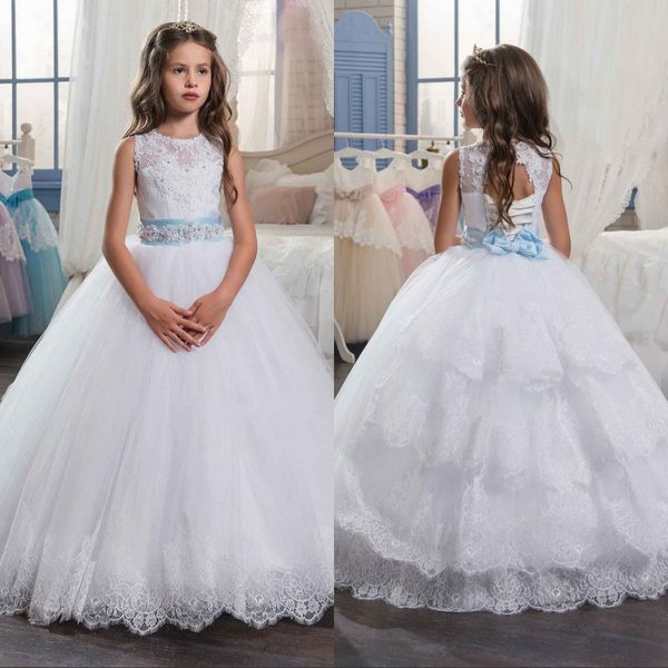 

White tulle ball gown flower girl dre e for wedding applique beaded girl pageant dre kid prom gown
