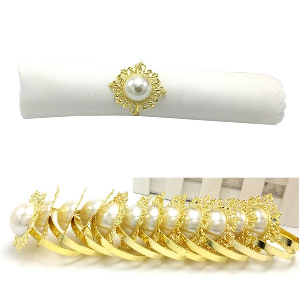 

wholesale- 50pcs/lot golden antique fauxl pearl napkin rings serviette holder for wedding party banquet adornment
