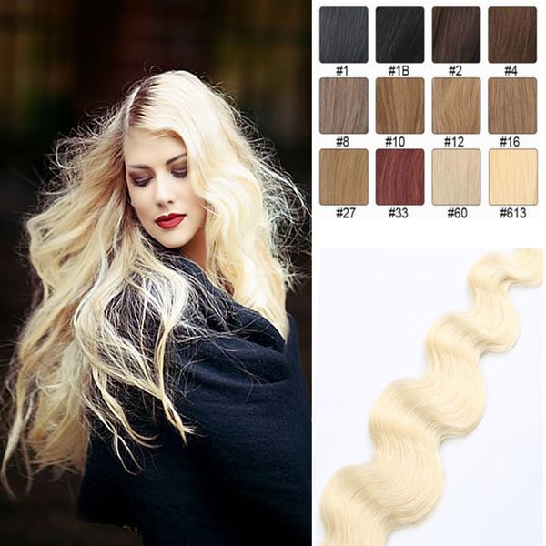 

body wave tape in human hair extensions 16-24inch brazilian virgin 20pcs pu skin weft 30-70g multi colors, Black