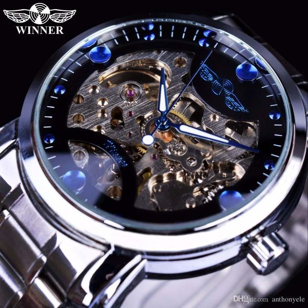 

winner skeleton mechanical watch mens watches blue ocean fashion casual designer stainless steel men brand luxury automatic watch clock, Slivery;brown