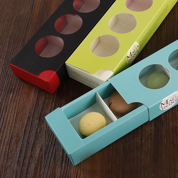 

new 30.5*7.5*3.6cm macaron cake paper box with round window 5 cavities biscuits packaging box 3 colors 100pcs/lot ing