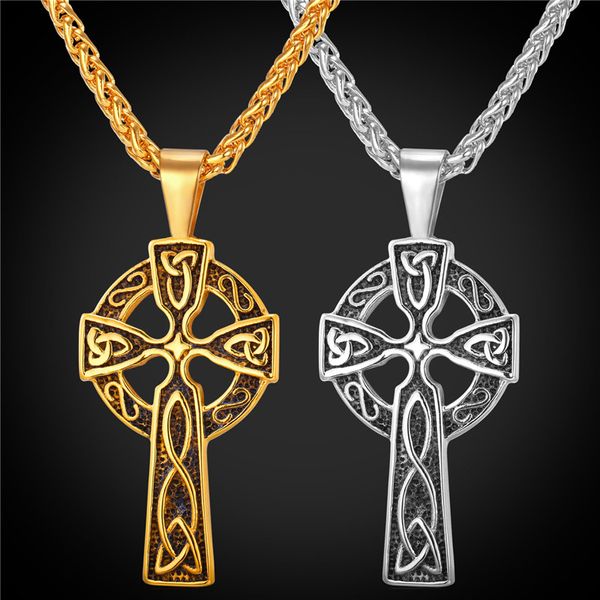 

18K Gold Plated Stainless Steel Celtic Christian Jewelry Triquetra Viking Triple Horn Of Odin Celtic Cross Necklaces Pendant