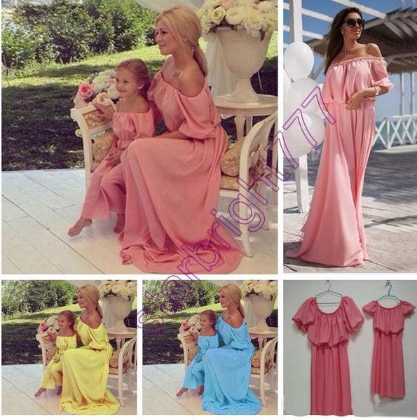 Verão Família Correspondência Roupas Maxi Sólida Chiffon Mãe Filha Vestidos Família Olhar Roupas Praia Mamãe e Filha De Correspondência