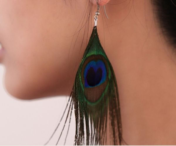 

retro national style dangle chandelier luxury peacock feather earrings color wild earrings fashion trend, Silver