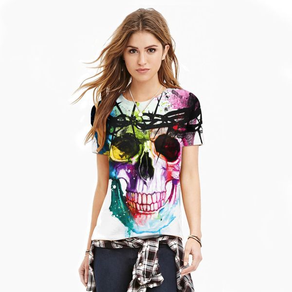 

wholesale- polyester spandex color graffiti skull women's fitness fashion t shirt girls exercise compression tights t-shirt, White