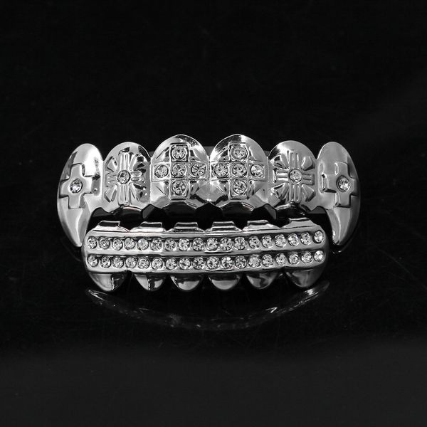 Real Gold Plated CZ Rhinestone Hip Hop Зубья Mouth Grillz Caps Top Bottom Grill Set вампирские зубы партии подарка