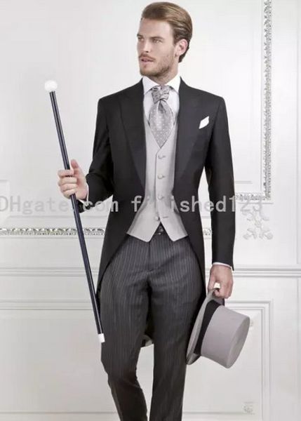 

latest design one button groom morning suits groomsmen mens wedding blazer suits tailcoat jacket pants vest tie no8892798, Black;gray