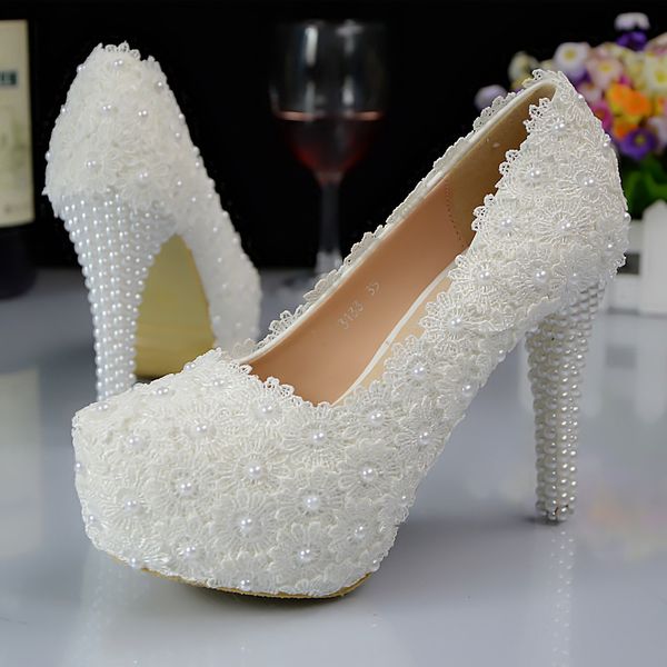 

5 8 11 14CM Heel White Lace Beaded Cinderella Shoes Hand-made Prom Evening High Heels Beaded Rhinestones Bridal Bridesmaid Wedding Shoes 155