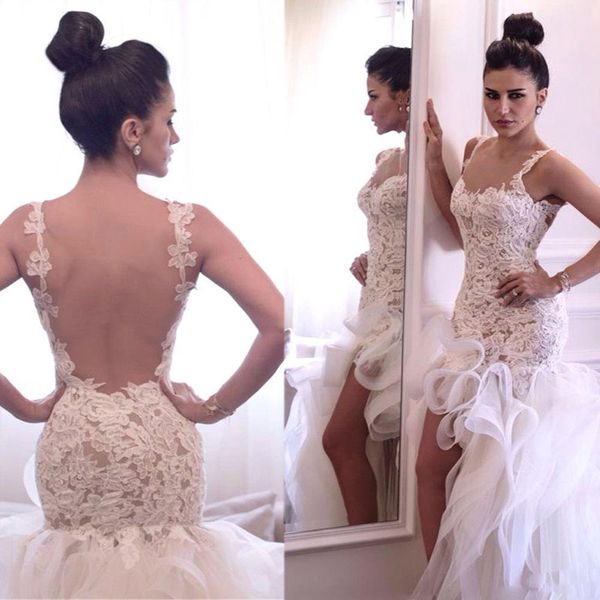 2016 New High Low Abiti da sposa in pizzo Spaghetti Illusion Back Hi-Lo Modest Musulmano Arabia Saudita Dubai Abiti da sposa Vestidos De Noiva