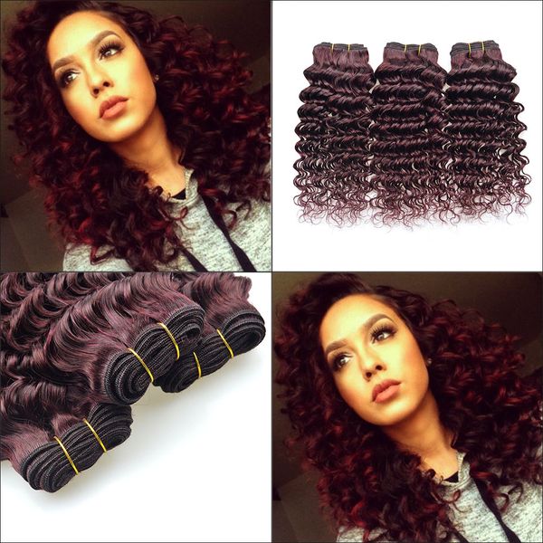 

4pcs lot 100g brazilian deep wave red human hair extensions burgundy curly hair weaves 99j red colored curly hair, Black