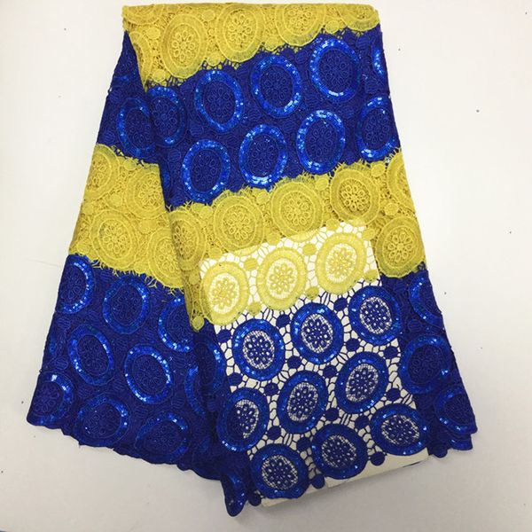 

5 y/pc fashionable blue and yellow flower african water soluble lace with sequins french cord lace fabric for clothes bw117-2, Black;white