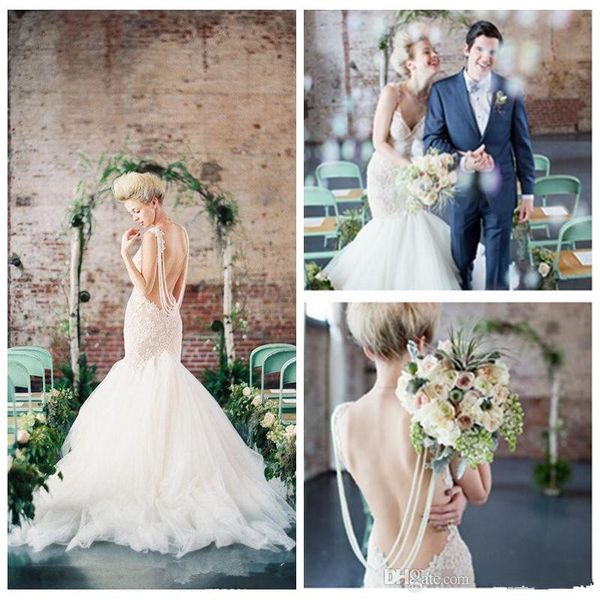 

backless mermaid wedding dresses vestidos de noiva applique tulle sweep train 2019 selling spaghetti strap lace bridal gowns w686, White