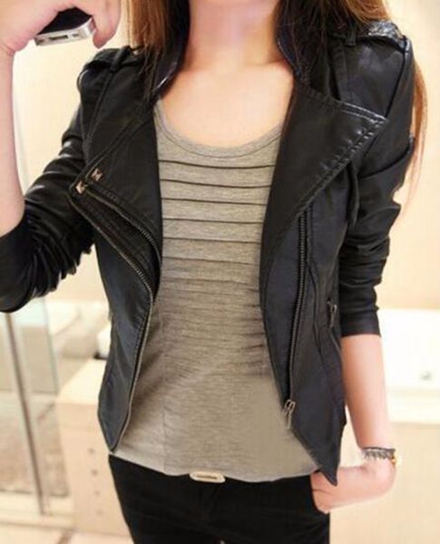 

women qiu dong han edition business english new fashion boutique personality big yards of locomotive leather coat / s-3xl, Black
