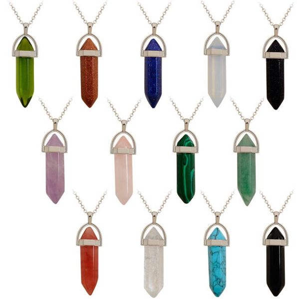 

new arrival natural stone hexagonal pillar pendant bullets white crystal necklace wfn628 (with chain) mix order 20 pieces a lot, Silver