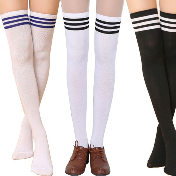 

wholesale-new girl thigh high cotton socks women's striped over knee girl lady stocks, Black;white