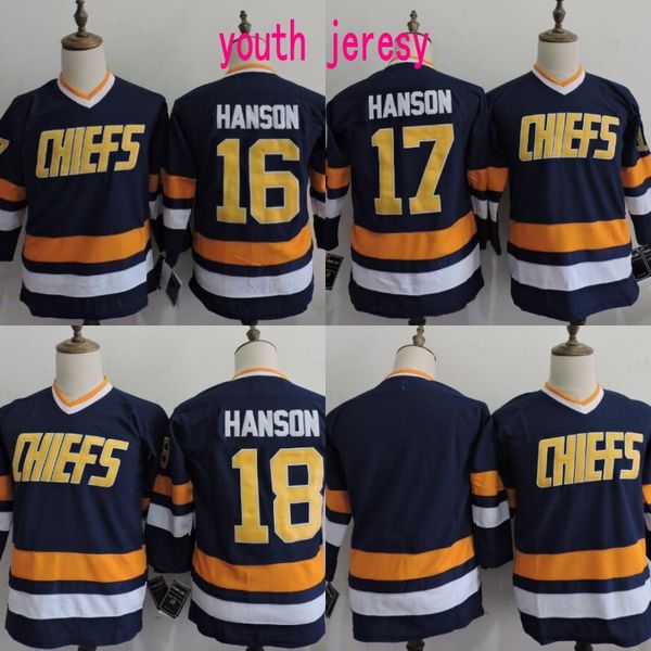 

Youth Kids Charlestown Chiefs Jersey Brother Slap Shot Blank 16 JACK HANSON 17 STEVE HANSON 18 JEFF HANSON Movie Hockey Jerseys Blue