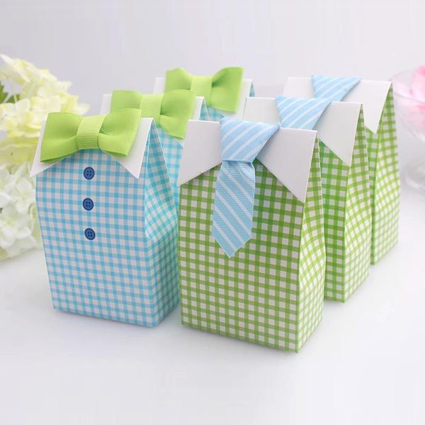 

50pcs tie boy candy boxes green or blue gird gift box baby shower big box new