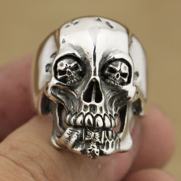 

linsion handmade 925 sterling silver high details skull mens biker rock punk ring ta76 size 7 to 15, Golden;silver