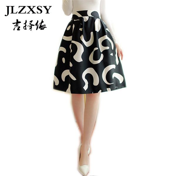 Commercio all'ingrosso- Jlzxsy Womens Hepburn Black Bianco Contrasto Colore Stampa Colore Elastico Vita Piegata A-Line Swing Swing Flamato Midi Gonna