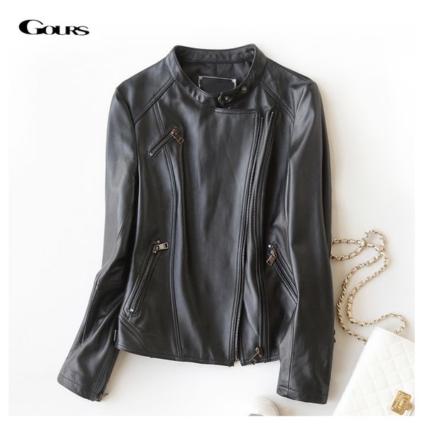 

wholesale- gours fashion genuine leather jackets for women spring classic short motorcycle jacket black punk style ladies sheepskin coats