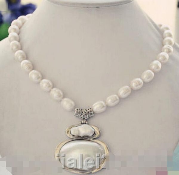 

12mm nature white rice freshwater pearl necklace mabe pendant 17inch, Silver