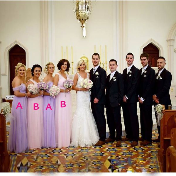 

purple off-should and pink v-neck bridesmaid dresses a-line chiffon long ruffle formal gowns sash custom made bridesmaids' dress, White;pink