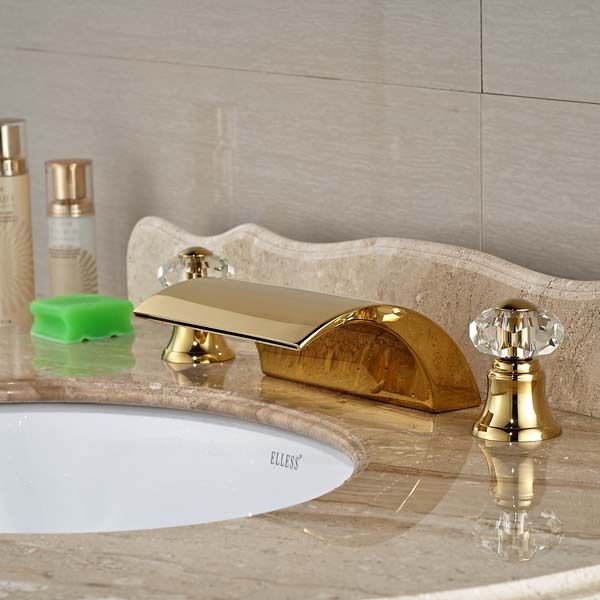 

wholesale- gold finish deck mounted golden brass waterfall bathroom faucet crystal handles tap and cold mixer