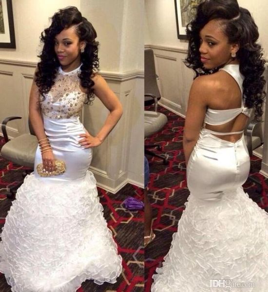 

white and gold mermaid prom dresses sheer neck 2017 new backless ruffles women formal dresses evening wear floor length crystal party gowns, Black