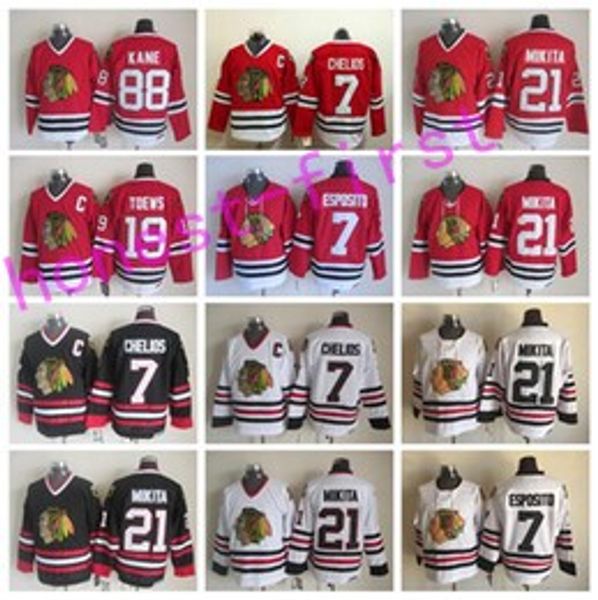

Chicago Blackhawks 88 Patrick Kane Jersey Vintage Hockey 19 Jonathan Toews 7 Brent Seabrook 21 Stan Mikita Home Red White Black