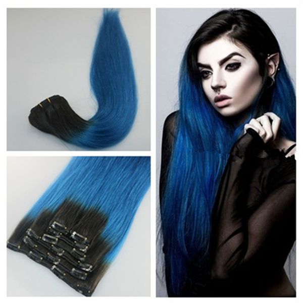 1b Blue Ombre Clip In Human Hair Extensions Human Hair Clip In