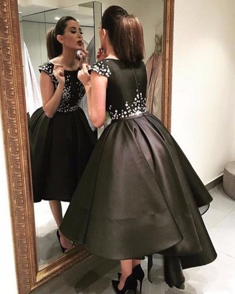 

new scoop black short cocktail dress cap sleeve crystal high low formal prom gowns sparkly custom size handmade rhinestones beads party wear