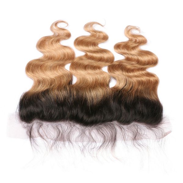 Raízes escuras Mel Loira Virgem Do Cabelo Humano 13x4 Cheia Lace Frontal Branqueada Nós O Corpo Onda 1B / 27 Castanho Claro Ombre Lace Frontal Encerramento