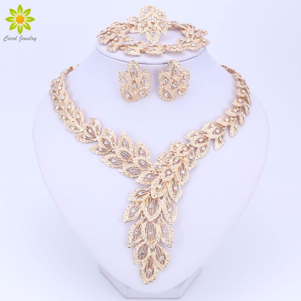 

jewelry sets for women fine crystal necklace earrings bracelet set african beads gold plated pendant wedding dress accessories, Slivery;golden