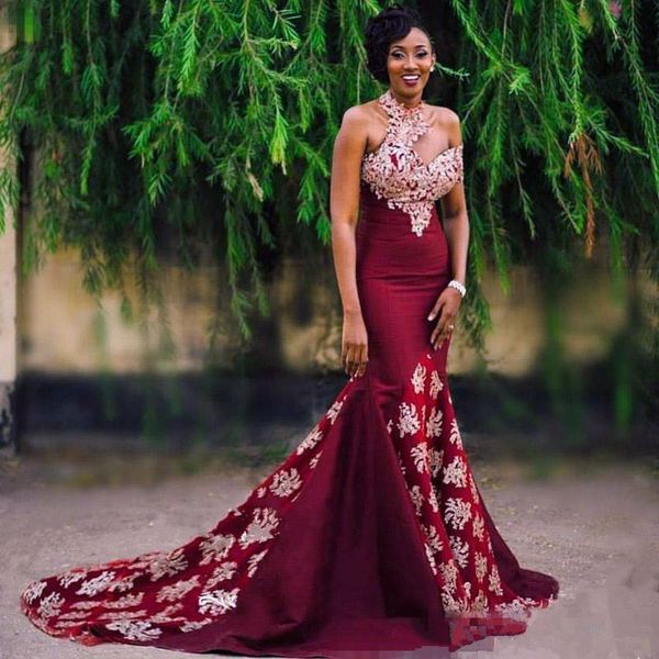 

2017 burgundy single short sleeve evening dress gold appliques zipper sweep train mermaid dress prom party gown, Black;red