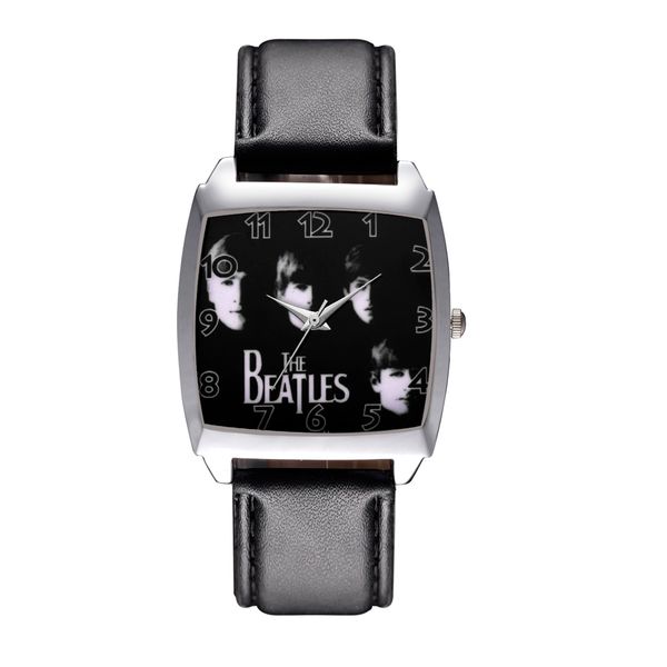 

Cartoon Boy women's girl children students The beatles style Rectangle dial Black leather strap quartz wrist watch 11