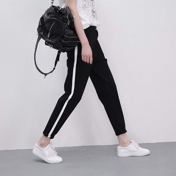 

women's pants & capris fashion women side striped harem black casual high waist drawstring loose trousers pantalon femme, Black;white