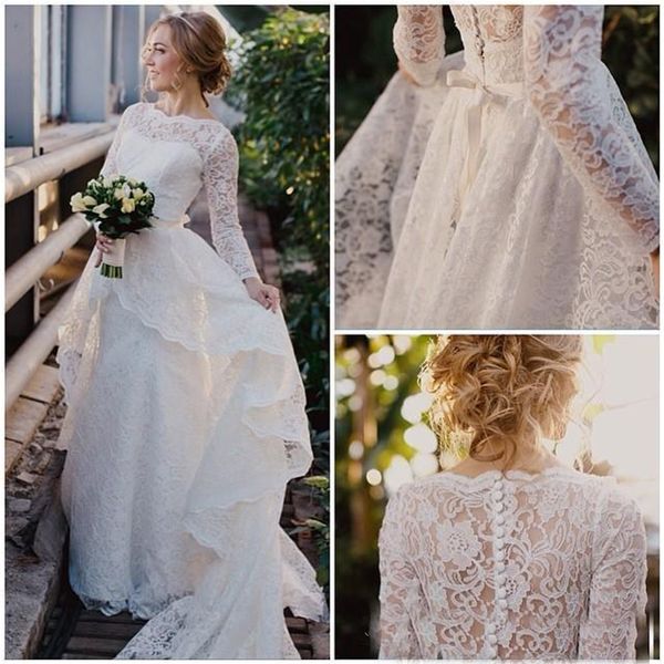 

new modest bateau neck lace applique a line gorgeous beach bridal gowns long sleeves wedding dresses, White