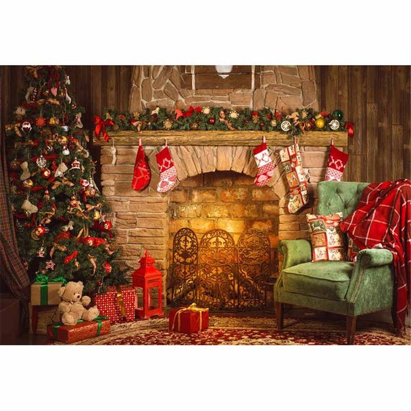 2020 Indoor Merry Christmas Fireplace Background Vintage Computer