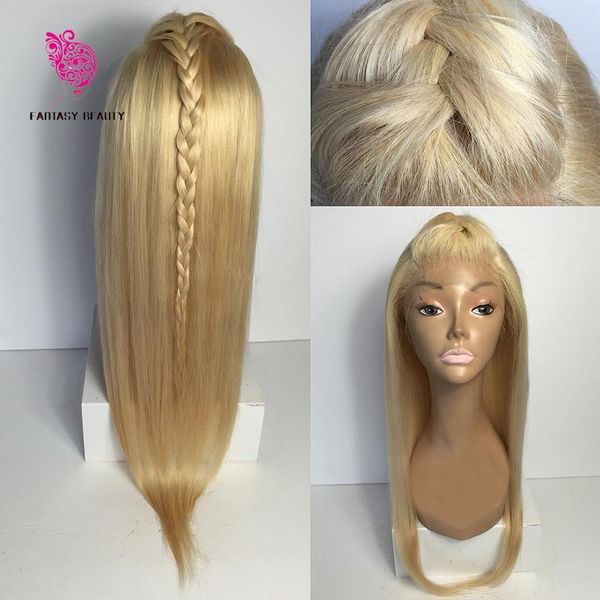 

fantasy beauty straight blonde lace front human hair wig with baby hair brazilian virgin hair #613 full lace wig pre plucked hairline, Black;brown