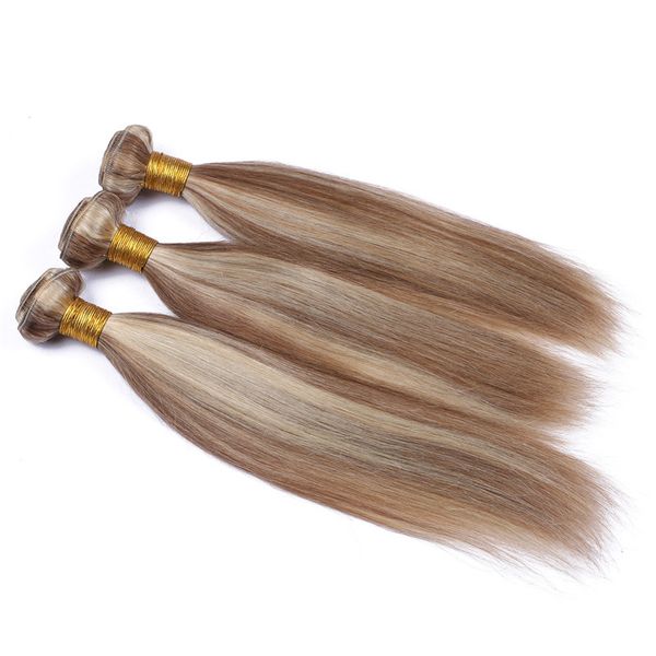 Mischfarbe Braun Blond Ombre 100 % Echthaar, 3 Stück, beste brasilianische Klavierfarbe #8/613 Hellbraun, Highlight-Echthaar-Webart-Bündel