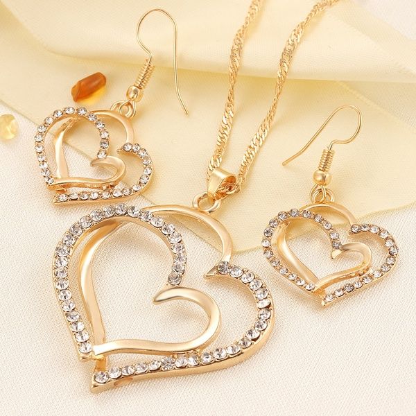 

luxury wedding necklace and earring set fashion gold silver crystal charm heart jewelry
