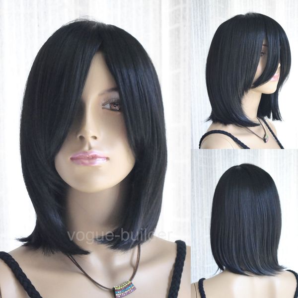 

long black medium straight cosplay fashion hair wig, Black;brown